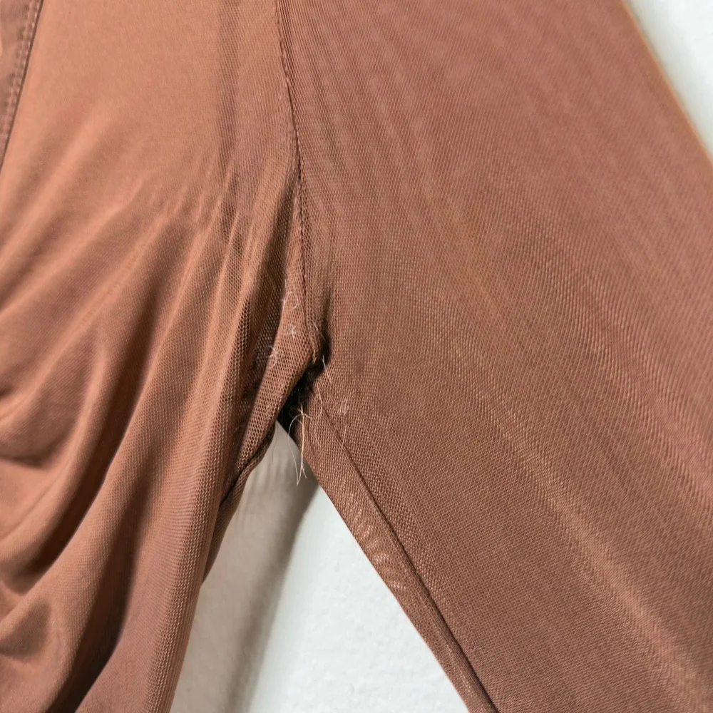 Free People Women Lucky Mesh Shirtee Top XS‎ Brown Mesh Ruched Button Up